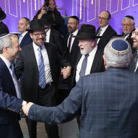 Rosh Yeshiva Ari Berman (first from left) and Hershel Schachter (third from left) celebrate newly appointed Deans Rabbi Aryeh Lebowitz (second from left) and Rabbi Dr. Yosef Kalinsky (fourth from left).